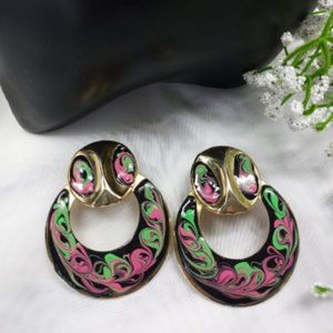 ENAMEL PAINTED HOOP EARRING, BOHO DROP STYLE, BRIGHT COLORS FOR PIERECED EARS